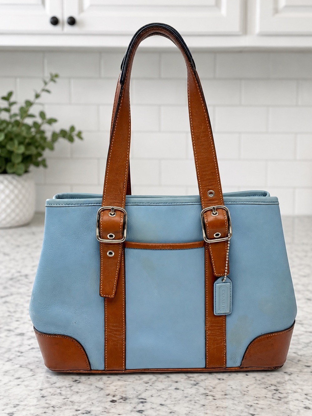 Coach Vintage Soho Buckle Tote 7588 Light Blue Glove Tanned Leather Shoulder Bag